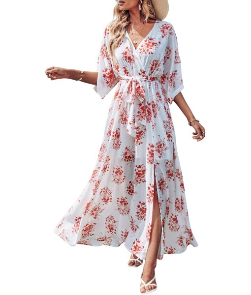 ANRABESS Women’s Summer Loose Boho Flowy Wrap V Neck 3/4 Sleeve Floral Print Slit Beach Wedding Guest Long Maxi Dresses