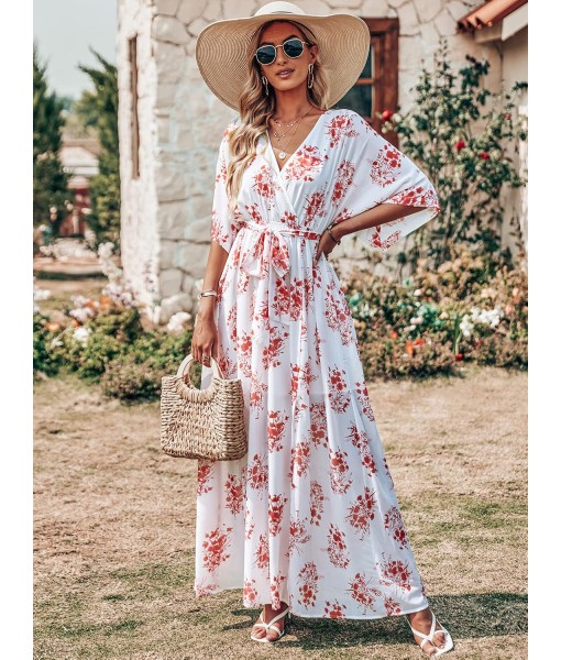 ANRABESS Women’s Summer Loose Boho Flowy Wrap V Neck 3/4 Sleeve Floral Print Slit Beach Wedding Guest Long Maxi Dresses