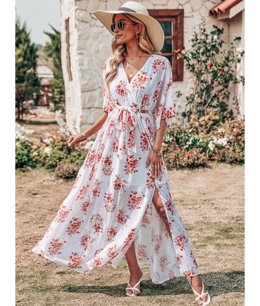 ANRABESS Women’s Summer Loose Boho Flowy Wrap V Neck 3/4 Sleeve Floral Print Slit Beach Wedding Guest Long Maxi Dresses