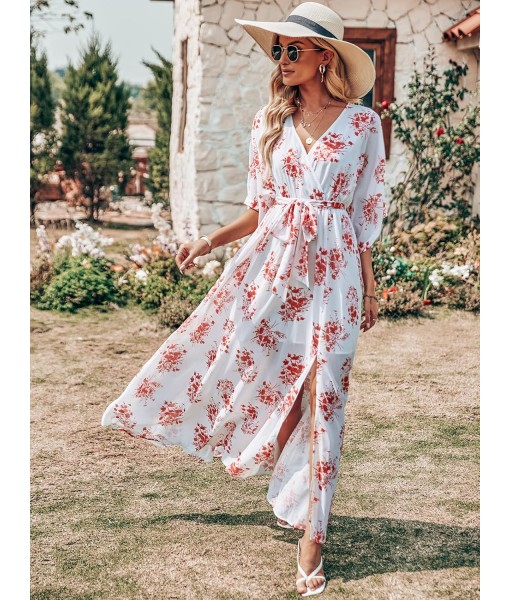 ANRABESS Women’s Summer Loose Boho Flowy Wrap V Neck 3/4 Sleeve Floral Print Slit Beach Wedding Guest Long Maxi Dresses