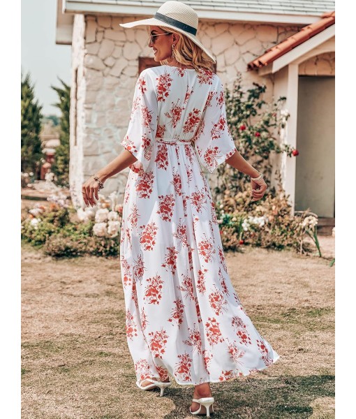 ANRABESS Women’s Summer Loose Boho Flowy Wrap V Neck 3/4 Sleeve Floral Print Slit Beach Wedding Guest Long Maxi Dresses