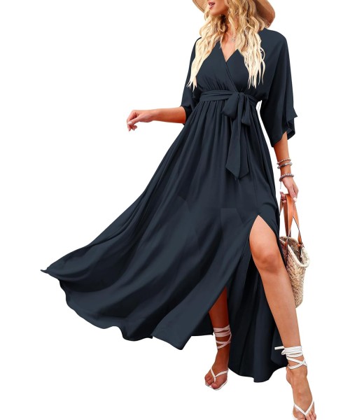 ANRABESS Women’s Summer Loose Boho Flowy Wrap V Neck 3/4 Sleeve Floral Print Slit Beach Wedding Guest Long Maxi Dresses