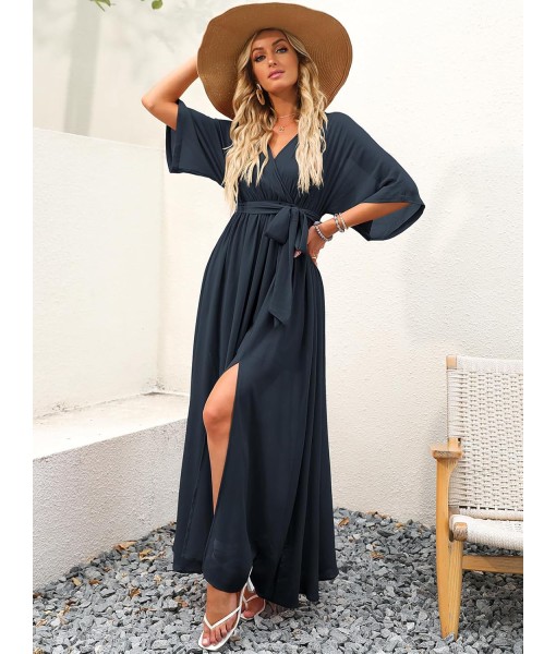 ANRABESS Women’s Summer Loose Boho Flowy Wrap V Neck 3/4 Sleeve Floral Print Slit Beach Wedding Guest Long Maxi Dresses