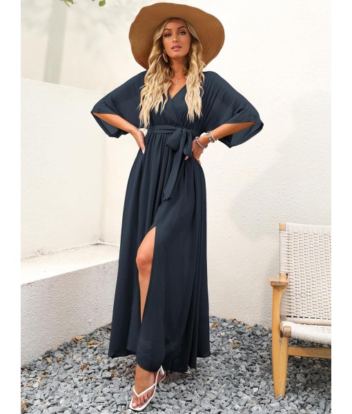 ANRABESS Women’s Summer Loose Boho Flowy Wrap V Neck 3/4 Sleeve Floral Print Slit Beach Wedding Guest Long Maxi Dresses