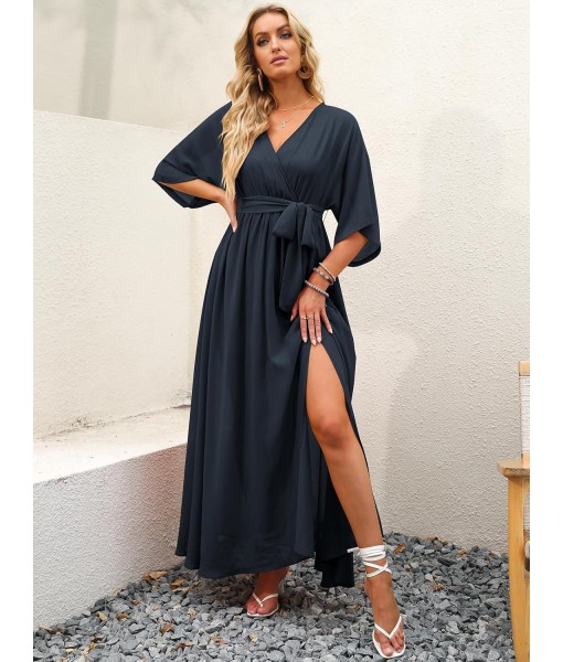 ANRABESS Women’s Summer Loose Boho Flowy Wrap V Neck 3/4 Sleeve Floral Print Slit Beach Wedding Guest Long Maxi Dresses