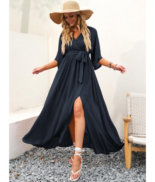 ANRABESS Women’s Summer Loose Boho Flowy Wrap V Neck 3/4 Sleeve Floral Print Slit Beach Wedding Guest Long Maxi Dresses