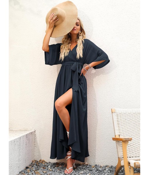 ANRABESS Women’s Summer Loose Boho Flowy Wrap V Neck 3/4 Sleeve Floral Print Slit Beach Wedding Guest Long Maxi Dresses