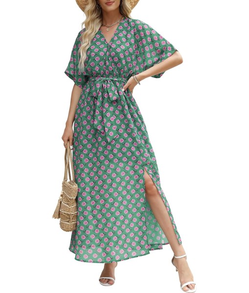 ANRABESS Women’s Summer Loose Boho Flowy Wrap V Neck 3/4 Sleeve Floral Print Slit Beach Wedding Guest Long Maxi Dresses