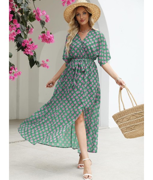 ANRABESS Women’s Summer Loose Boho Flowy Wrap V Neck 3/4 Sleeve Floral Print Slit Beach Wedding Guest Long Maxi Dresses