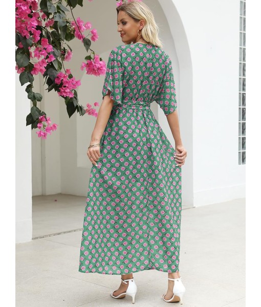 ANRABESS Women’s Summer Loose Boho Flowy Wrap V Neck 3/4 Sleeve Floral Print Slit Beach Wedding Guest Long Maxi Dresses