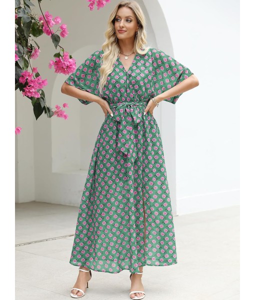 ANRABESS Women’s Summer Loose Boho Flowy Wrap V Neck 3/4 Sleeve Floral Print Slit Beach Wedding Guest Long Maxi Dresses