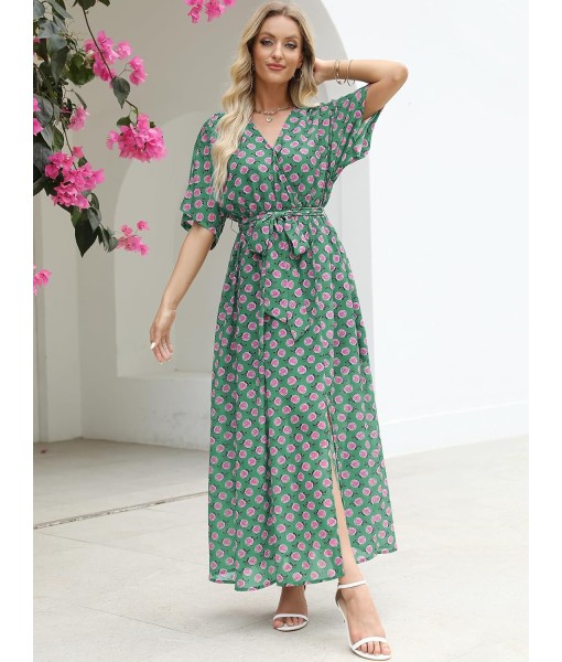ANRABESS Women’s Summer Loose Boho Flowy Wrap V Neck 3/4 Sleeve Floral Print Slit Beach Wedding Guest Long Maxi Dresses