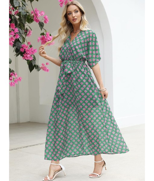 ANRABESS Women’s Summer Loose Boho Flowy Wrap V Neck 3/4 Sleeve Floral Print Slit Beach Wedding Guest Long Maxi Dresses