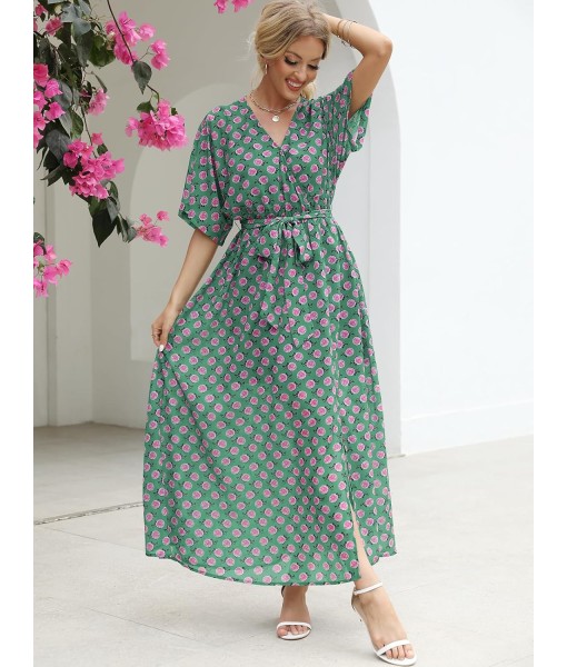 ANRABESS Women’s Summer Loose Boho Flowy Wrap V Neck 3/4 Sleeve Floral Print Slit Beach Wedding Guest Long Maxi Dresses