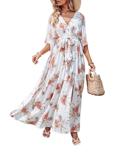 ANRABESS Women’s Summer Loose Boho Flowy Wrap V Neck 3/4 Sleeve Floral Print Slit Beach Wedding Guest Long Maxi Dresses