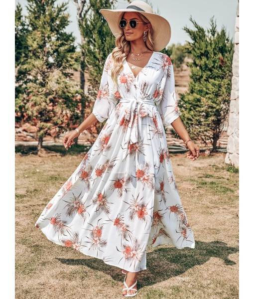 ANRABESS Women’s Summer Loose Boho Flowy Wrap V Neck 3/4 Sleeve Floral Print Slit Beach Wedding Guest Long Maxi Dresses