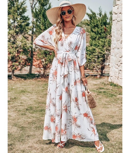 ANRABESS Women’s Summer Loose Boho Flowy Wrap V Neck 3/4 Sleeve Floral Print Slit Beach Wedding Guest Long Maxi Dresses