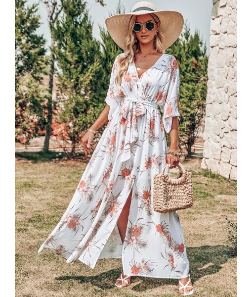 ANRABESS Women’s Summer Loose Boho Flowy Wrap V Neck 3/4 Sleeve Floral Print Slit Beach Wedding Guest Long Maxi Dresses