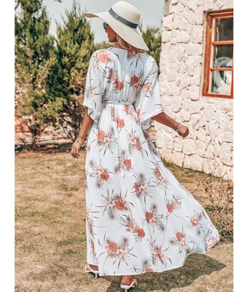 ANRABESS Women’s Summer Loose Boho Flowy Wrap V Neck 3/4 Sleeve Floral Print Slit Beach Wedding Guest Long Maxi Dresses