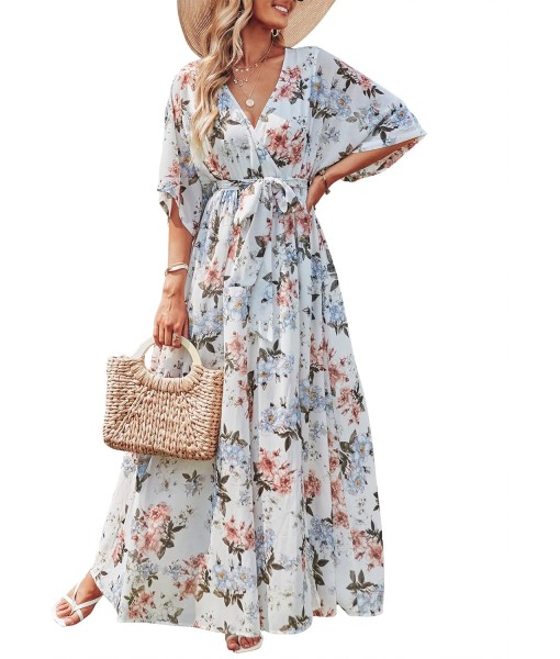 ANRABESS Women’s Summer Loose Boho Flowy Wrap V Neck 3/4 Sleeve Floral Print Slit Beach Wedding Guest Long Maxi Dresses