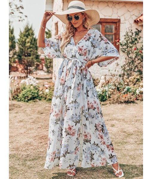 ANRABESS Women’s Summer Loose Boho Flowy Wrap V Neck 3/4 Sleeve Floral Print Slit Beach Wedding Guest Long Maxi Dresses