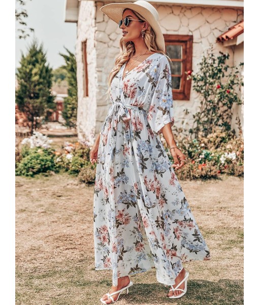 ANRABESS Women’s Summer Loose Boho Flowy Wrap V Neck 3/4 Sleeve Floral Print Slit Beach Wedding Guest Long Maxi Dresses