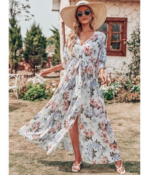 ANRABESS Women’s Summer Loose Boho Flowy Wrap V Neck 3/4 Sleeve Floral Print Slit Beach Wedding Guest Long Maxi Dresses