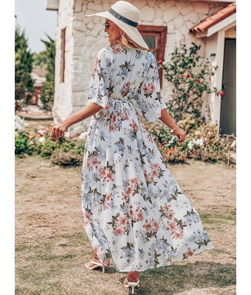 ANRABESS Women’s Summer Loose Boho Flowy Wrap V Neck 3/4 Sleeve Floral Print Slit Beach Wedding Guest Long Maxi Dresses