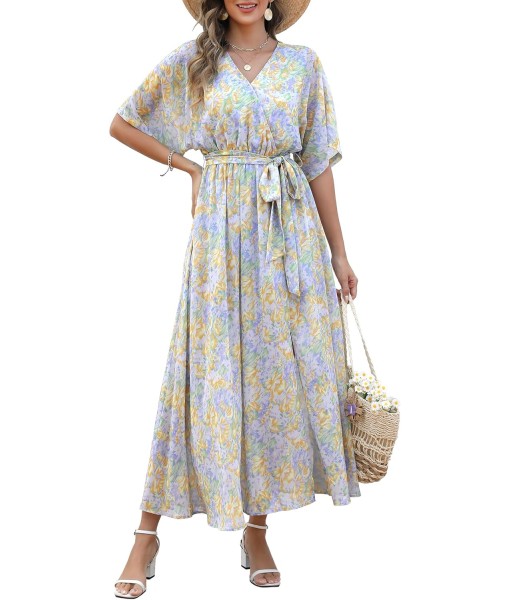 ANRABESS Women’s Summer Loose Boho Flowy Wrap V Neck 3/4 Sleeve Floral Print Slit Beach Wedding Guest Long Maxi Dresses