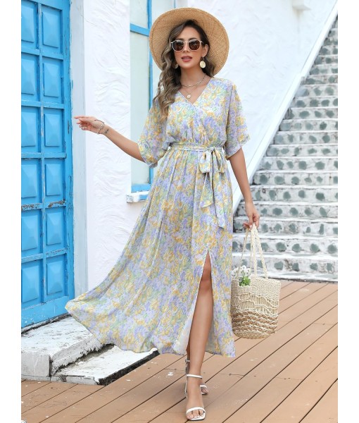ANRABESS Women’s Summer Loose Boho Flowy Wrap V Neck 3/4 Sleeve Floral Print Slit Beach Wedding Guest Long Maxi Dresses