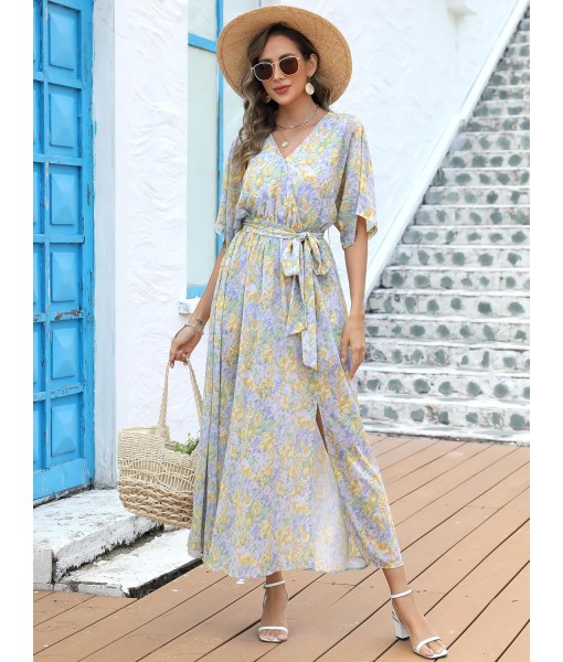 ANRABESS Women’s Summer Loose Boho Flowy Wrap V Neck 3/4 Sleeve Floral Print Slit Beach Wedding Guest Long Maxi Dresses