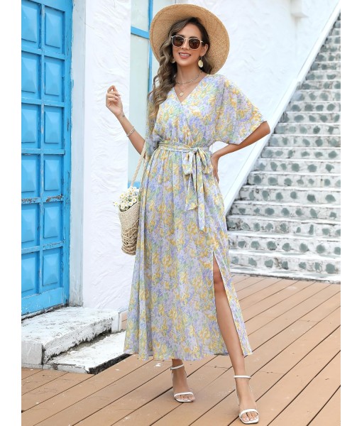 ANRABESS Women’s Summer Loose Boho Flowy Wrap V Neck 3/4 Sleeve Floral Print Slit Beach Wedding Guest Long Maxi Dresses