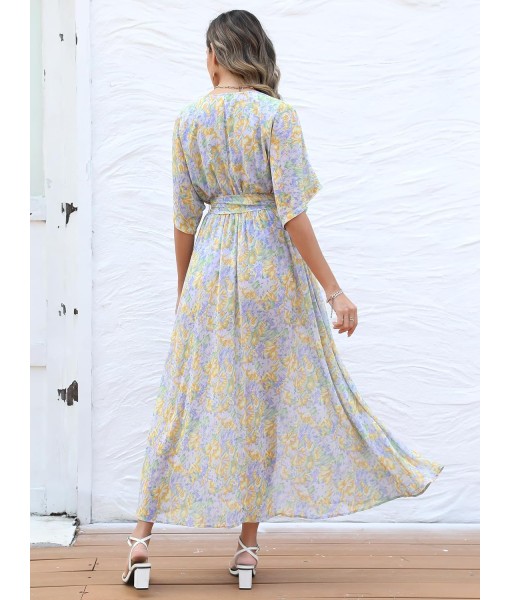 ANRABESS Women’s Summer Loose Boho Flowy Wrap V Neck 3/4 Sleeve Floral Print Slit Beach Wedding Guest Long Maxi Dresses