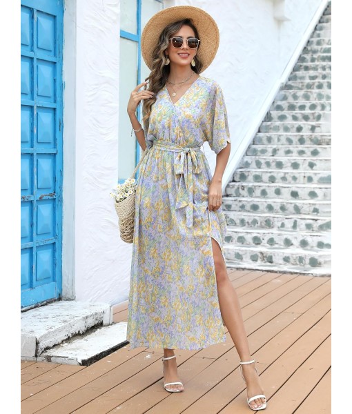 ANRABESS Women’s Summer Loose Boho Flowy Wrap V Neck 3/4 Sleeve Floral Print Slit Beach Wedding Guest Long Maxi Dresses