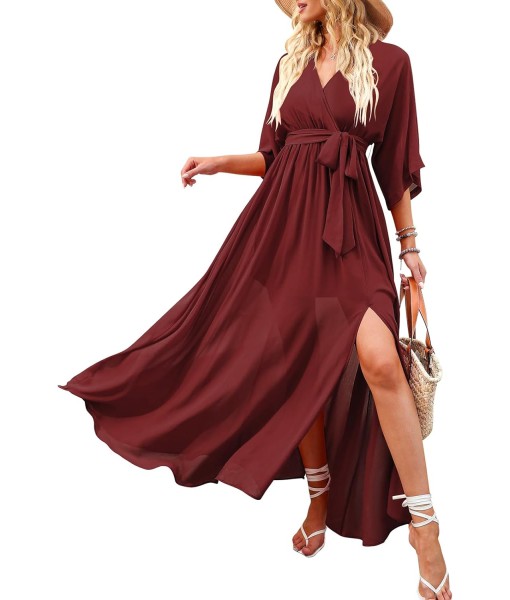 ANRABESS Women’s Summer Loose Boho Flowy Wrap V Neck 3/4 Sleeve Floral Print Slit Beach Wedding Guest Long Maxi Dresses