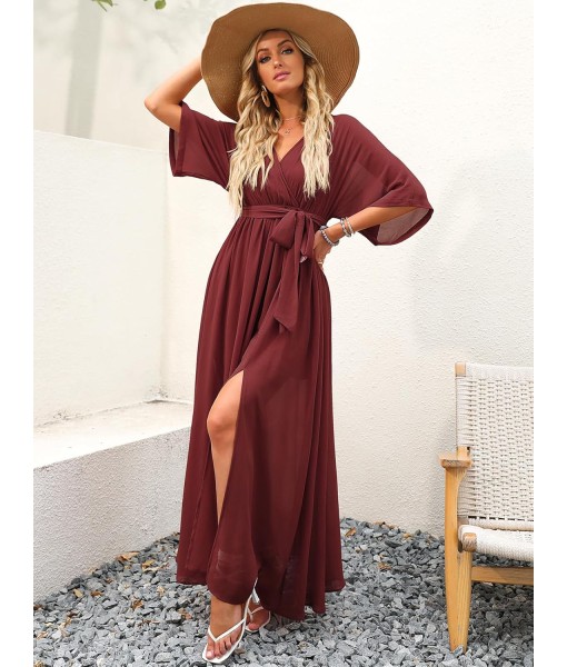 ANRABESS Women’s Summer Loose Boho Flowy Wrap V Neck 3/4 Sleeve Floral Print Slit Beach Wedding Guest Long Maxi Dresses