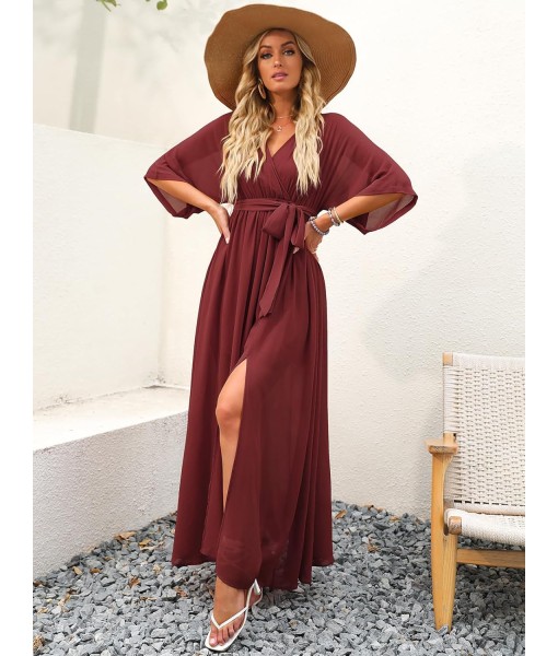 ANRABESS Women’s Summer Loose Boho Flowy Wrap V Neck 3/4 Sleeve Floral Print Slit Beach Wedding Guest Long Maxi Dresses