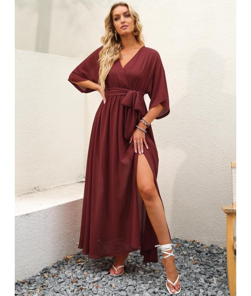 ANRABESS Women’s Summer Loose Boho Flowy Wrap V Neck 3/4 Sleeve Floral Print Slit Beach Wedding Guest Long Maxi Dresses