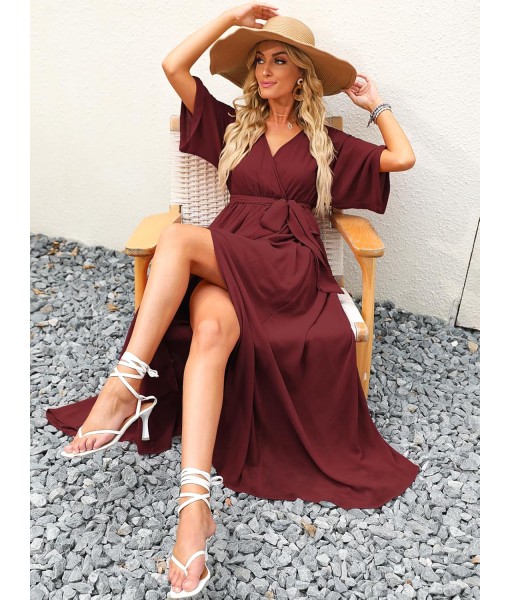 ANRABESS Women’s Summer Loose Boho Flowy Wrap V Neck 3/4 Sleeve Floral Print Slit Beach Wedding Guest Long Maxi Dresses