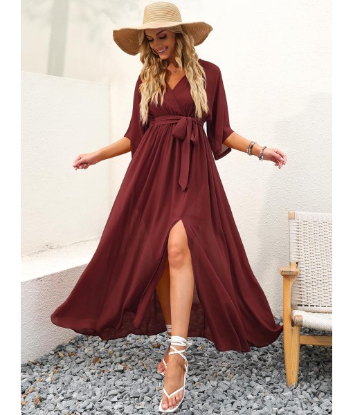 ANRABESS Women’s Summer Loose Boho Flowy Wrap V Neck 3/4 Sleeve Floral Print Slit Beach Wedding Guest Long Maxi Dresses