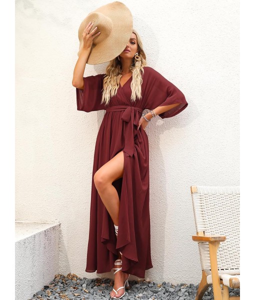 ANRABESS Women’s Summer Loose Boho Flowy Wrap V Neck 3/4 Sleeve Floral Print Slit Beach Wedding Guest Long Maxi Dresses