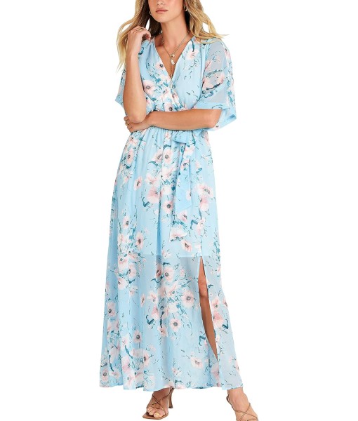 ANRABESS Women’s Summer Loose Boho Flowy Wrap V Neck 3/4 Sleeve Floral Print Slit Beach Wedding Guest Long Maxi Dresses