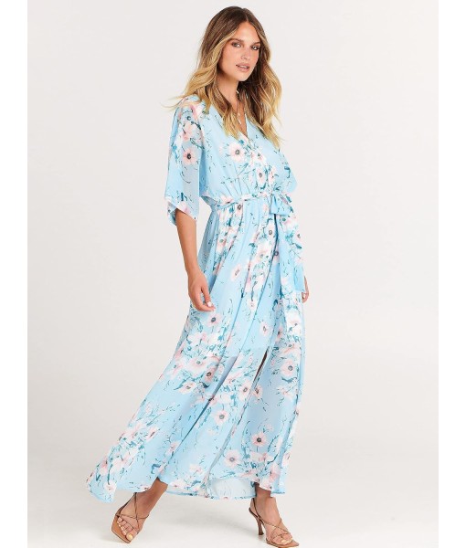 ANRABESS Women’s Summer Loose Boho Flowy Wrap V Neck 3/4 Sleeve Floral Print Slit Beach Wedding Guest Long Maxi Dresses