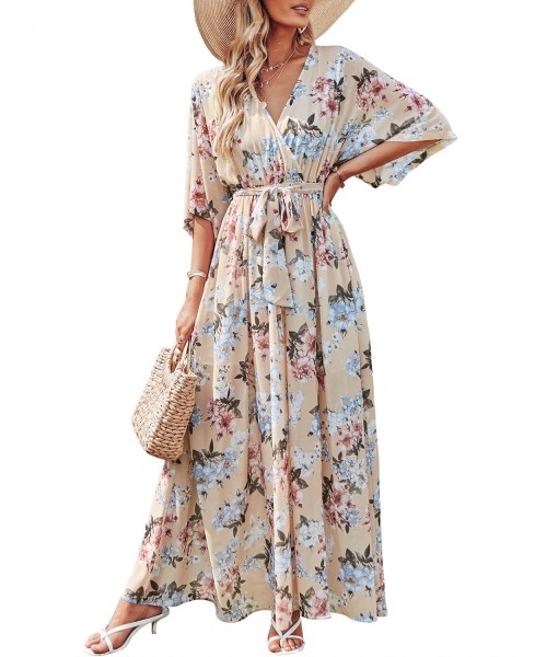 ANRABESS Women’s Summer Loose Boho Flowy Wrap V Neck 3/4 Sleeve Floral Print Slit Beach Wedding Guest Long Maxi Dresses
