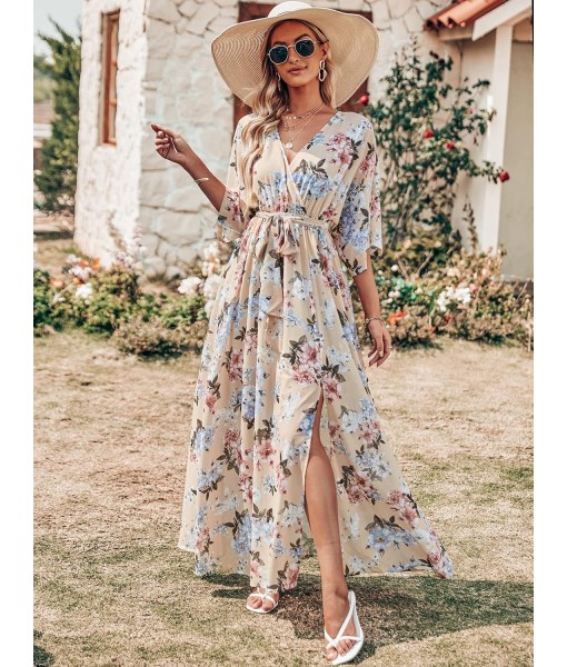 ANRABESS Women’s Summer Loose Boho Flowy Wrap V Neck 3/4 Sleeve Floral Print Slit Beach Wedding Guest Long Maxi Dresses