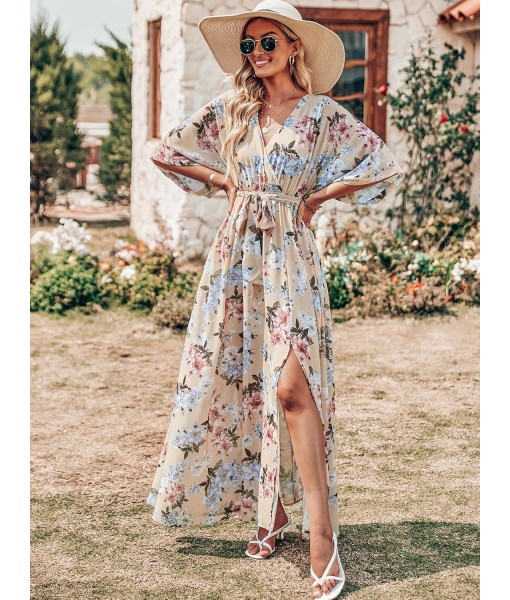ANRABESS Women’s Summer Loose Boho Flowy Wrap V Neck 3/4 Sleeve Floral Print Slit Beach Wedding Guest Long Maxi Dresses