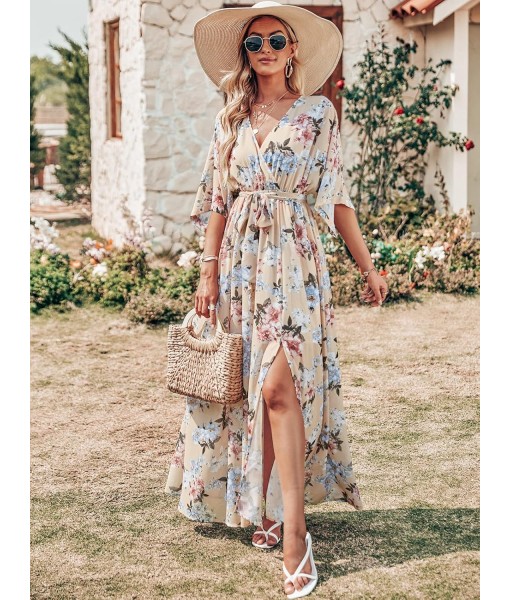 ANRABESS Women’s Summer Loose Boho Flowy Wrap V Neck 3/4 Sleeve Floral Print Slit Beach Wedding Guest Long Maxi Dresses
