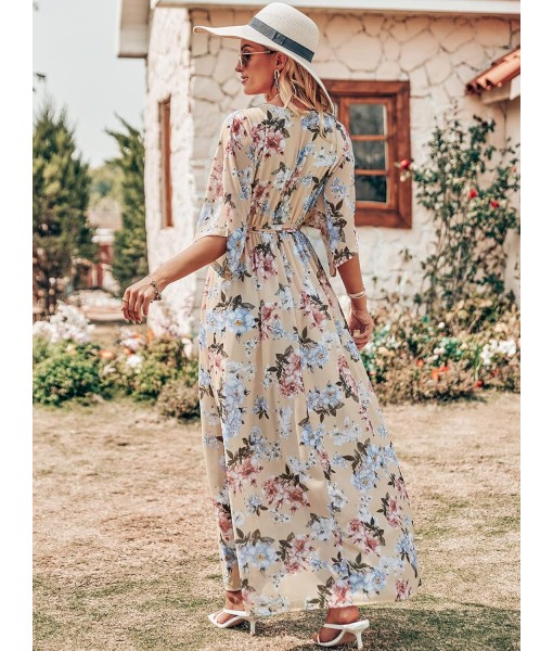 ANRABESS Women’s Summer Loose Boho Flowy Wrap V Neck 3/4 Sleeve Floral Print Slit Beach Wedding Guest Long Maxi Dresses