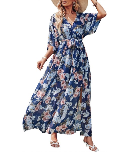 ANRABESS Women’s Summer Loose Boho Flowy Wrap V Neck 3/4 Sleeve Floral Print Slit Beach Wedding Guest Long Maxi Dresses