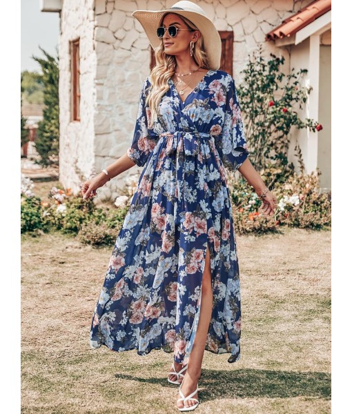ANRABESS Women’s Summer Loose Boho Flowy Wrap V Neck 3/4 Sleeve Floral Print Slit Beach Wedding Guest Long Maxi Dresses